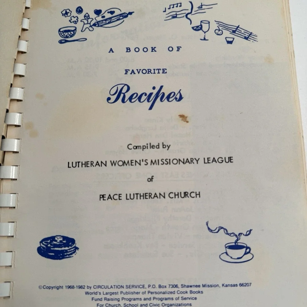 Peace Lutheran Church Women's Missionary League Iowa Cookbook Spiral Bound READ